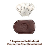 5 replacement blades & protective sheath included.