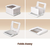 Folding Proofer: Folds Away — four-step sequence showing how the proofer folds from open to compact storage.