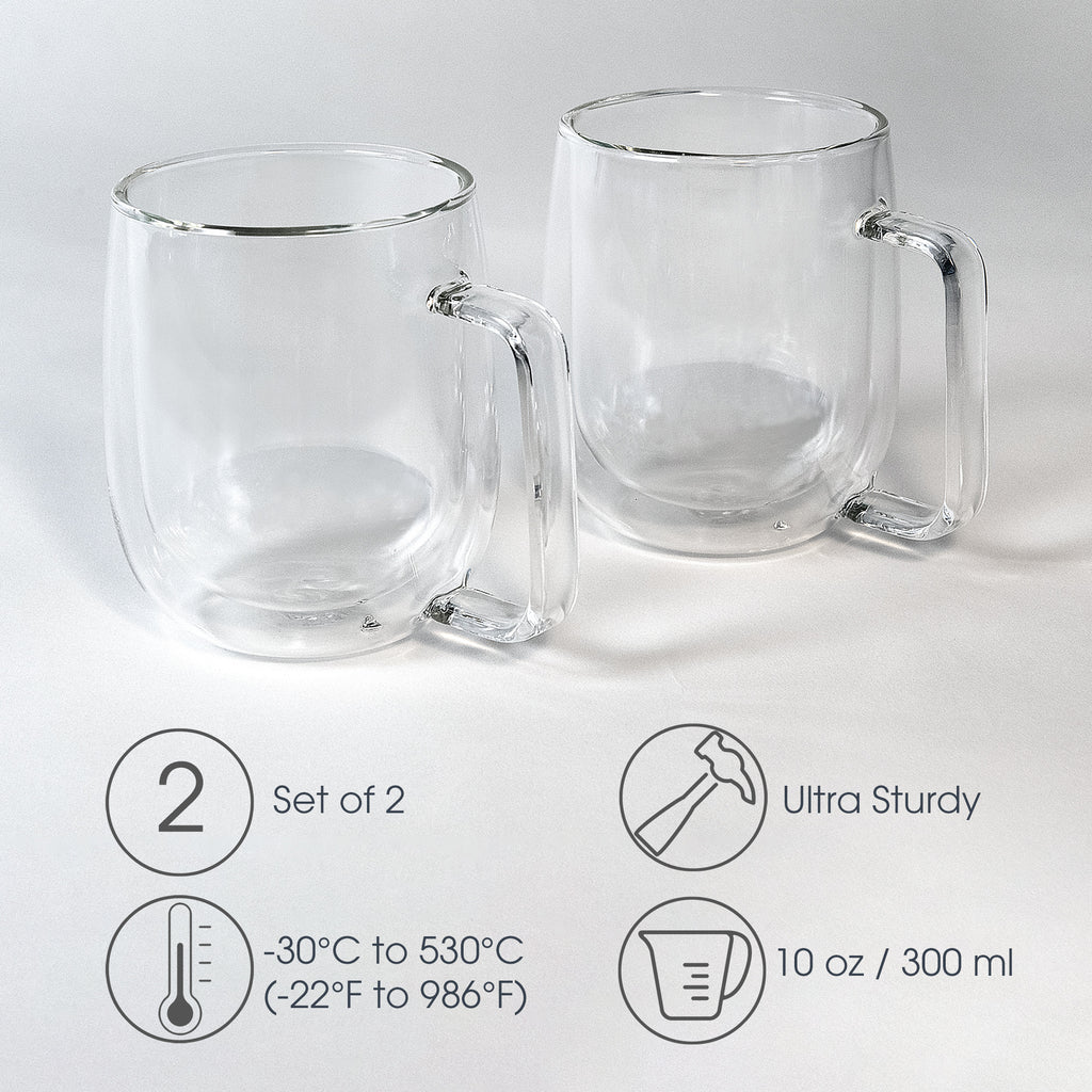 Brod & Taylor Double-Wall Insulated Glass Coffee/Tea Mugs (Set of 2, 10oz / 300ml)