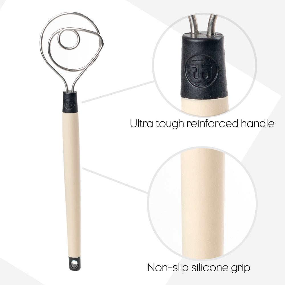 Dough Whisk infographics, ultra tough reinforced handle and non-slip silicone grip