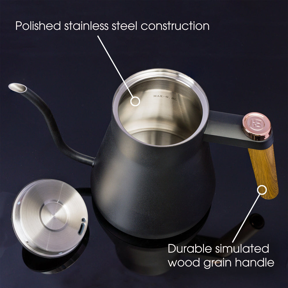 Water kettle, durable simulated wood grain handle and polished stainless steel construction